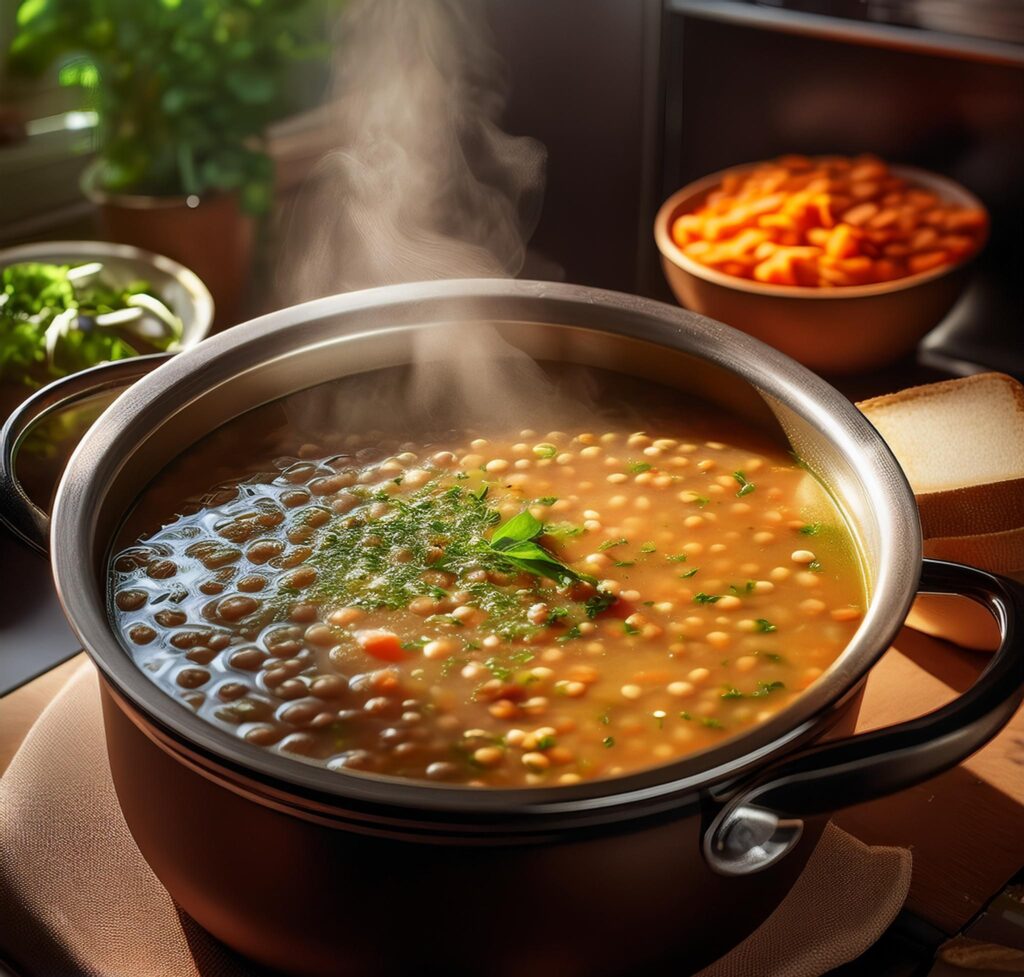 A cheerful kitchen scene with a steaming pot of lentil soup, highlighting the joy of cooking