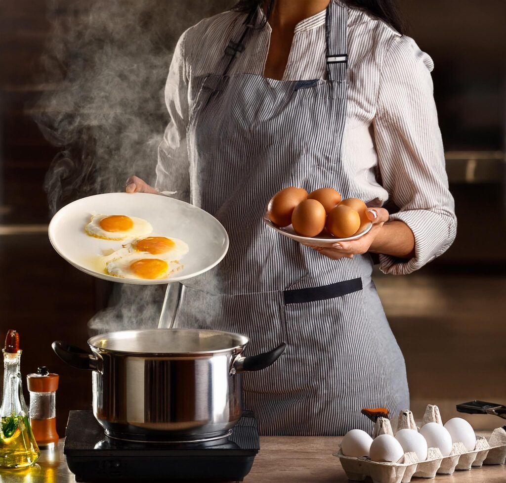 A chef cooking with duck eggs and chicken eggs, showcasing different preparation methods in a well-equipped kitchen.