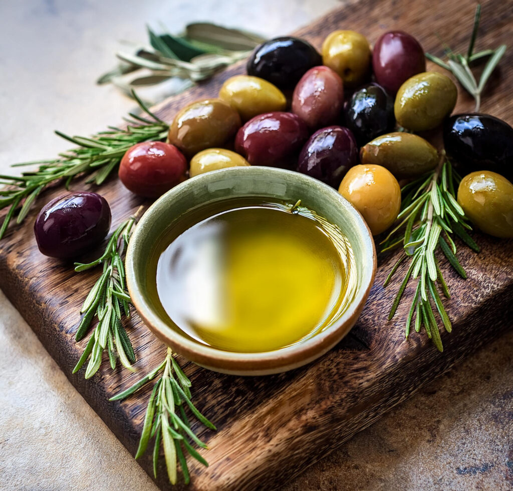 A variety of olives displayed on a wooden board with olive oil and herbs.