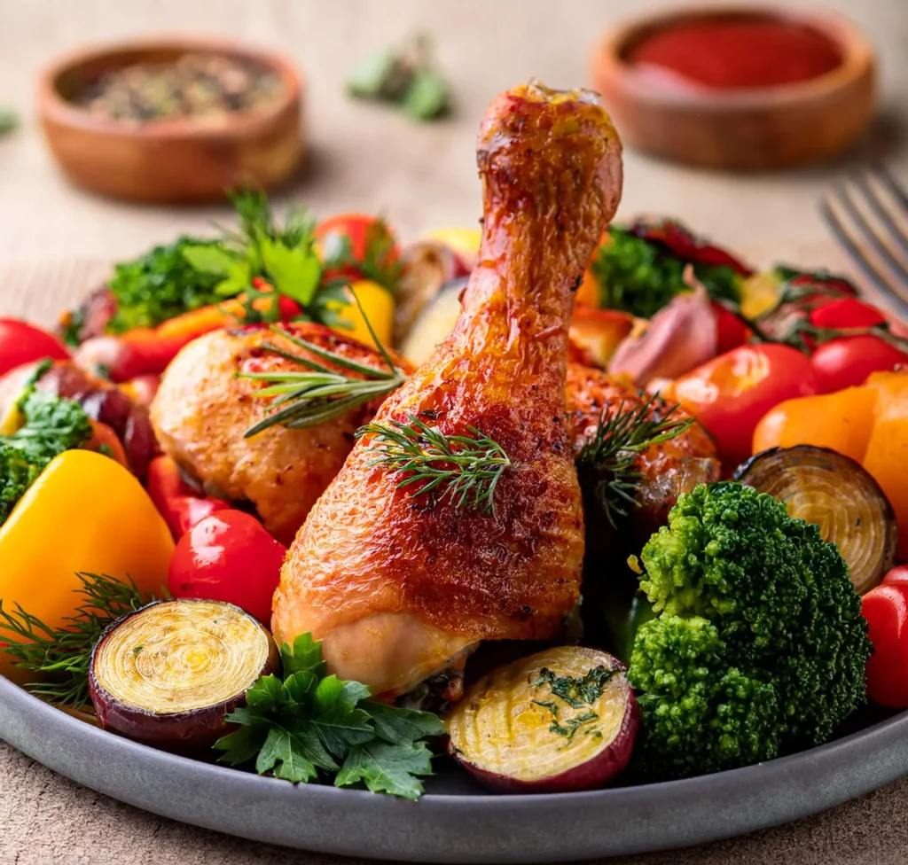 A deliciously prepared platter of chicken legs surrounded by fresh vegetables.