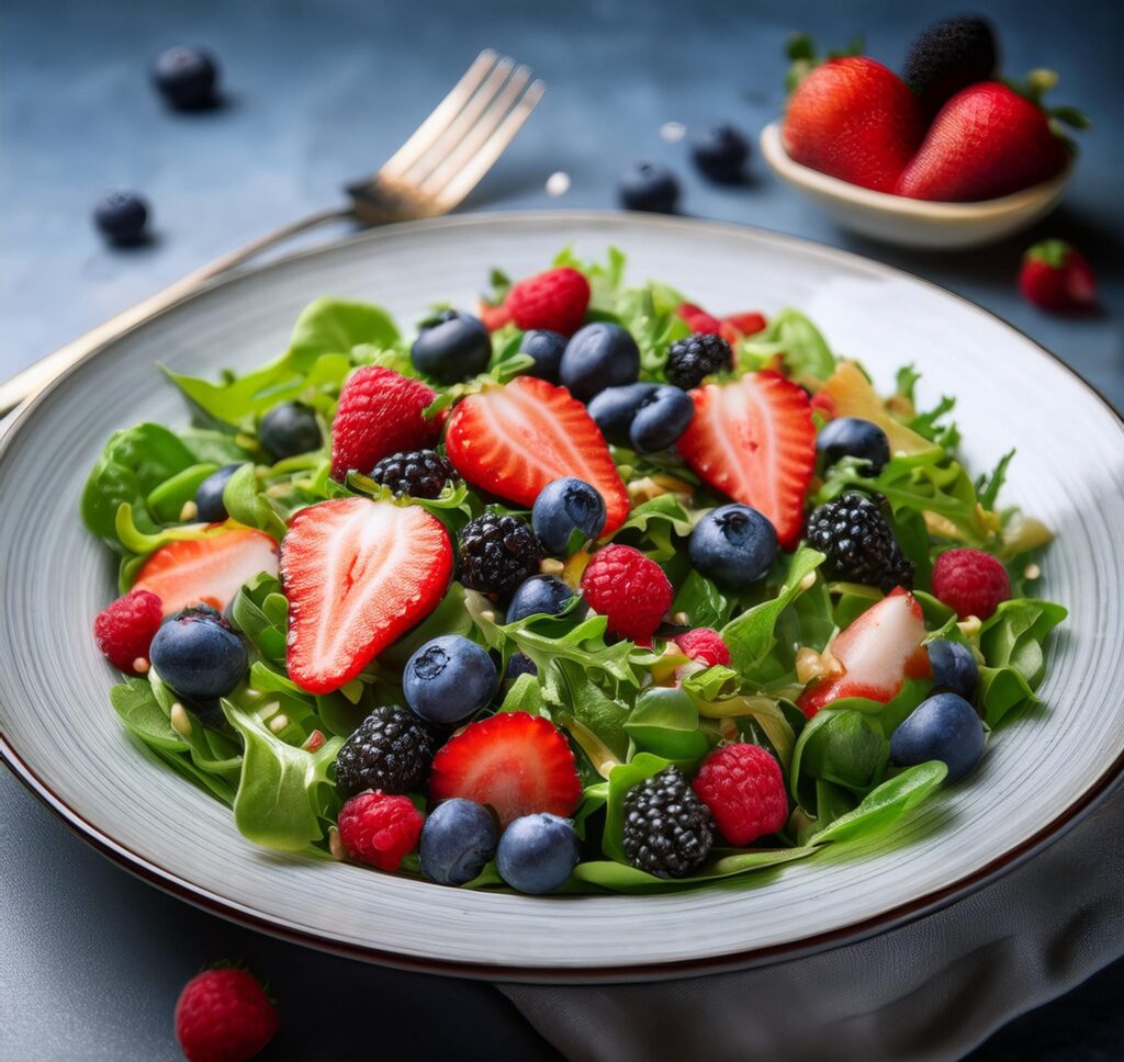 salad toppings with fresh blueberries, strawberries, and raspberries on top of greens.