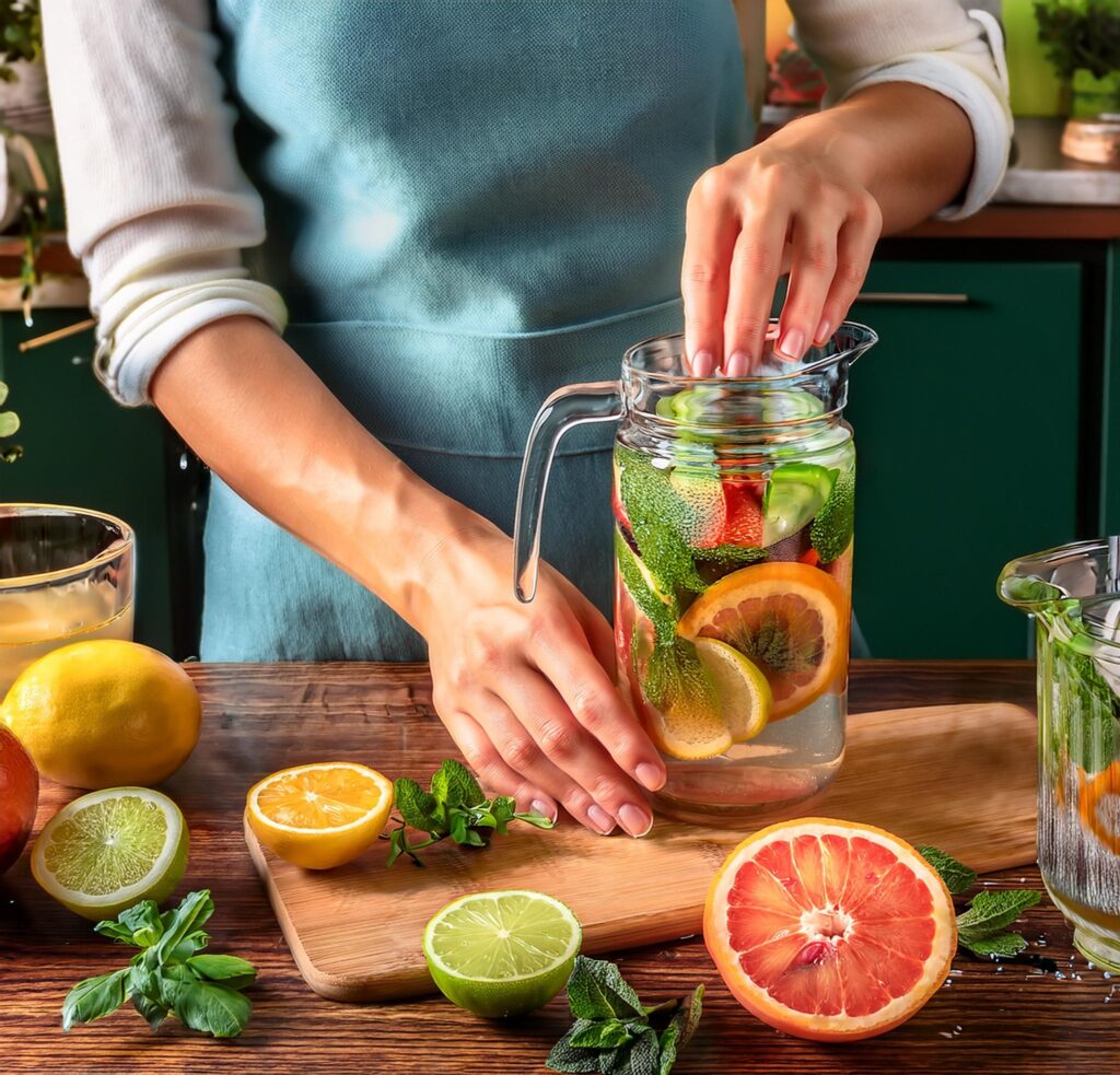 A person making homemade flavored water with fresh fruits and herbs in a bright kitchen.