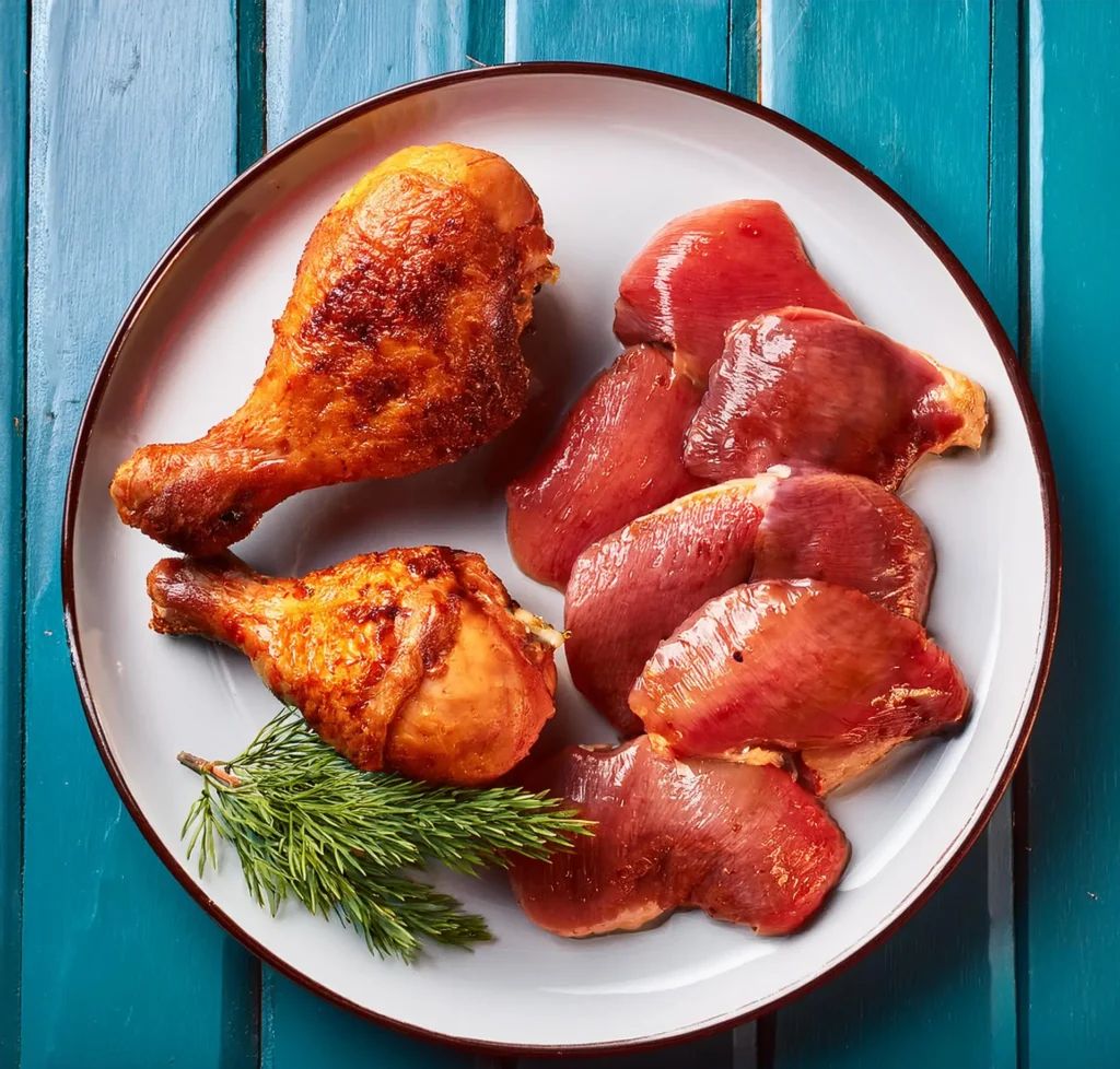 A plate featuring chicken legs and red meat, illustrating healthier choices
cgicken leg nutrition