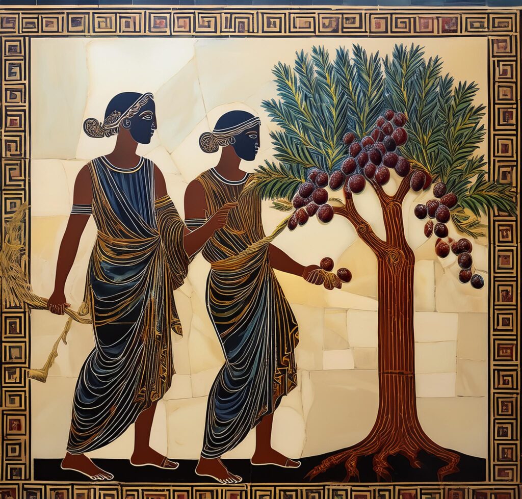 An ancient Greek fresco of olive trees and harvesters, symbolizing peace and prosperity.